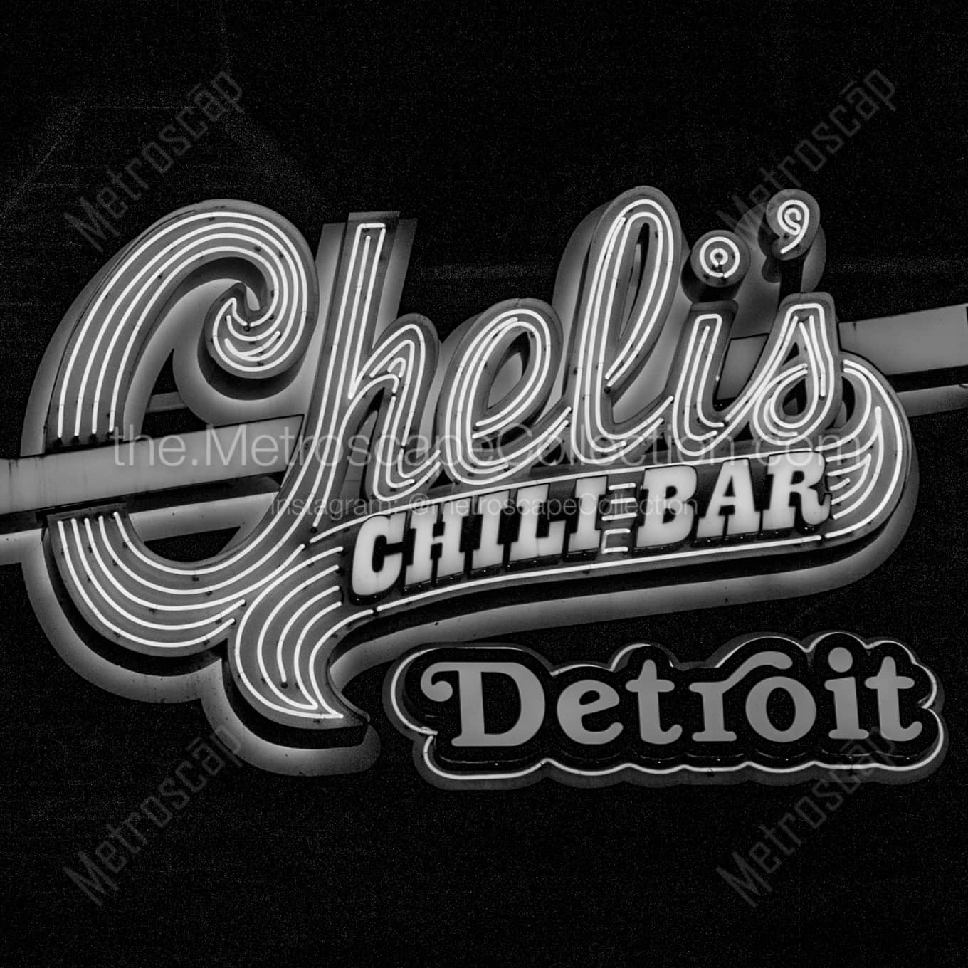 Chelis Chili Bar Detroit Neon Sign landscape black and white Photography Chelis Chili Bar Detroit Neon Sign landscape black and white Photography square crop