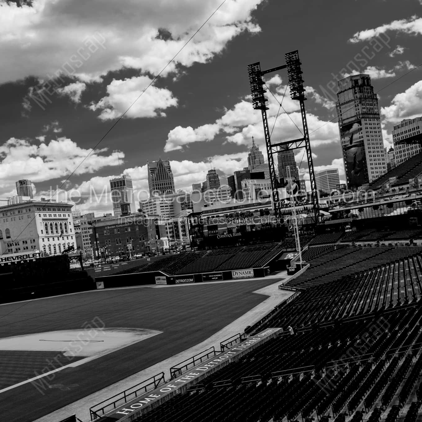 The Detroit Skyline from Comerica Park landscape black and white Photography The Detroit Skyline from Comerica Park landscape black and white Photography square crop