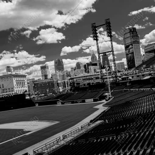 Matte Black WOOD Framed Black and White Detroit Photograph: The Detroit Skyline from Comerica Park in a Square Matte Black Wood Frame