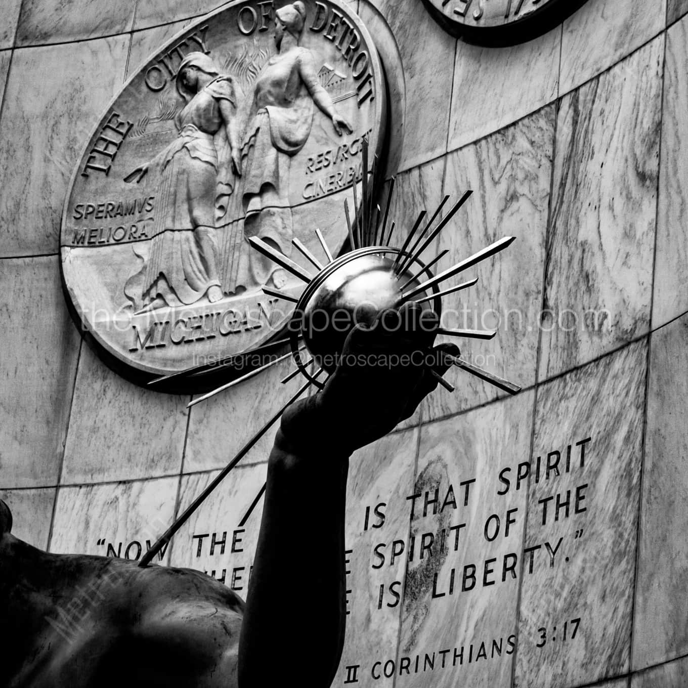 The Inscription on the Spirit of Detroit Statue landscape black and white Photography The Inscription on the Spirit of Detroit Statue landscape black and white Photography square crop