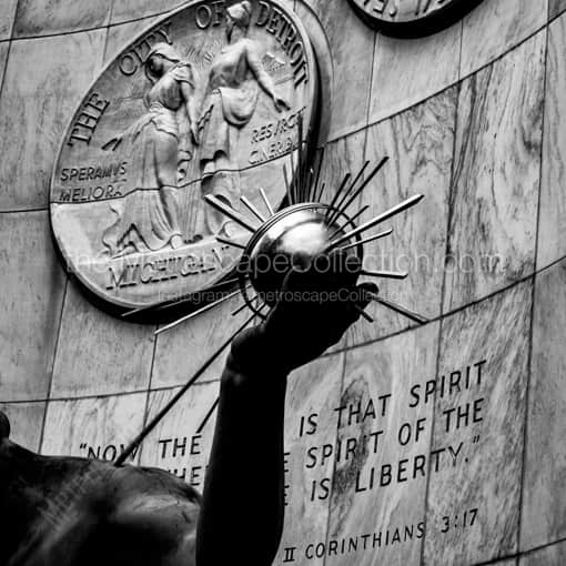 Matte Black WOOD Framed Black and White Detroit Photograph: The Inscription on the Spirit of Detroit Statue in a Square Matte Black Wood Frame