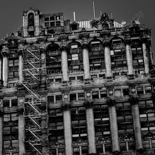 Matte Black WOOD Framed Black and White Detroit Photograph: The Fire Escape on the Exterior of the Book Tower in a Square Matte Black Wood Frame