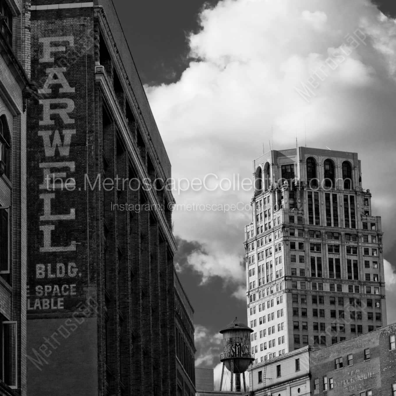 The Farwell Building and Broderick Tower landscape black and white Photography square crop