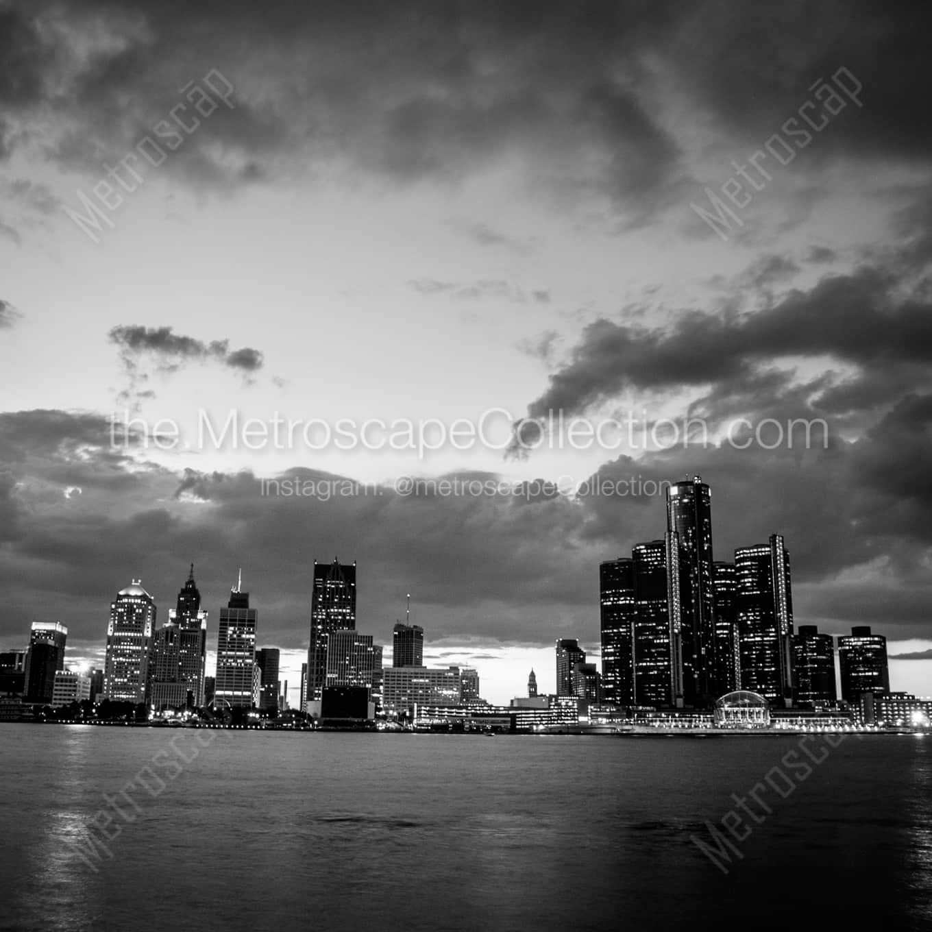 The Detroit Skyline with Amazing Clouds landscape black and white Photography The Detroit Skyline with Amazing Clouds landscape black and white Photography square crop