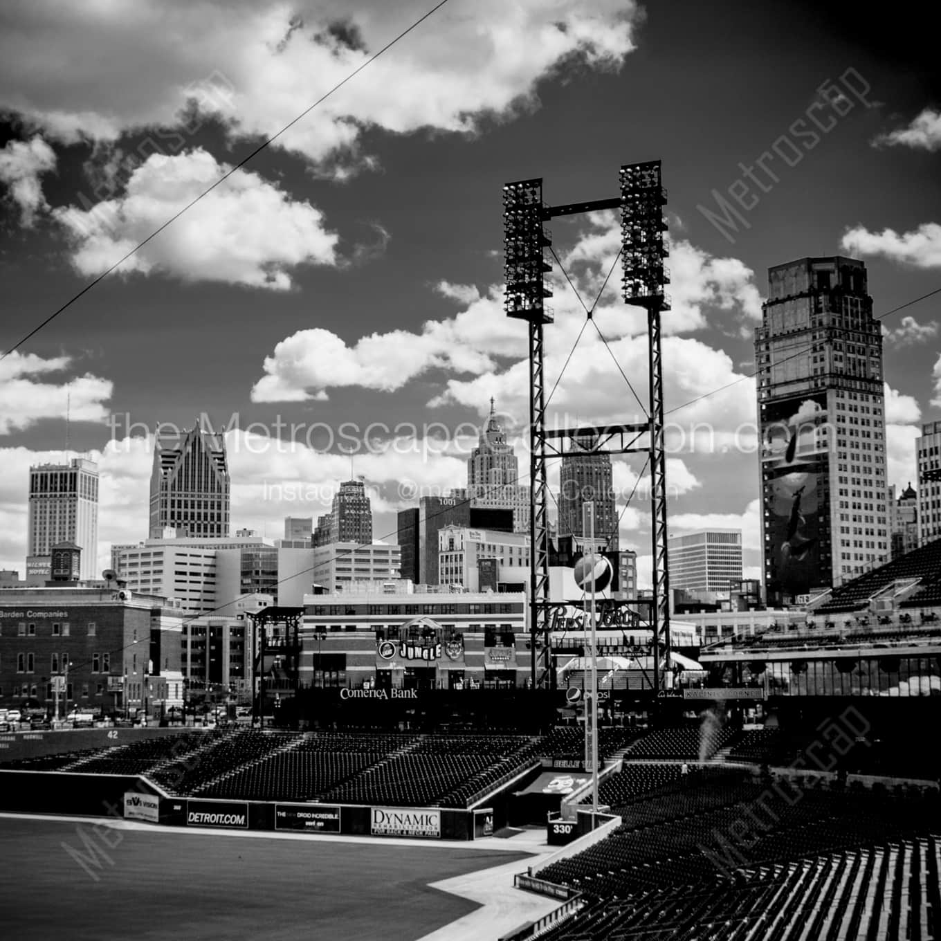 Comerica Park and the Detroit Skyline landscape black and white Photography Comerica Park and the Detroit Skyline landscape black and white Photography square crop