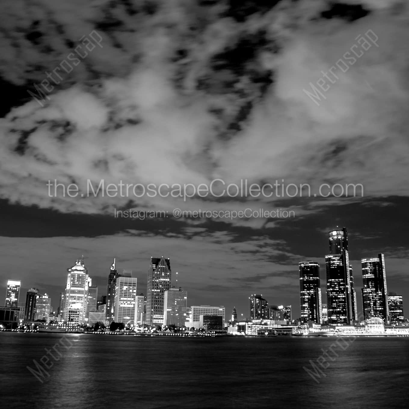The Detroit Skyline on the Detroit River landscape black and white Photography square crop