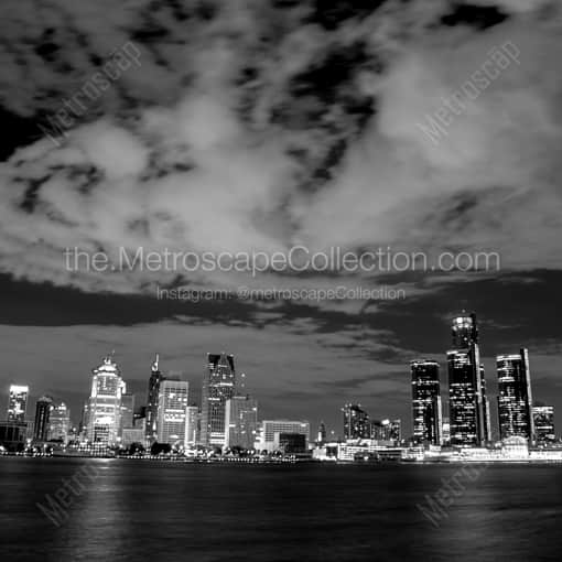 Matte Black WOOD Framed Black and White Detroit Photograph: The Detroit Skyline on the Detroit River in a Square Matte Black Wood Frame