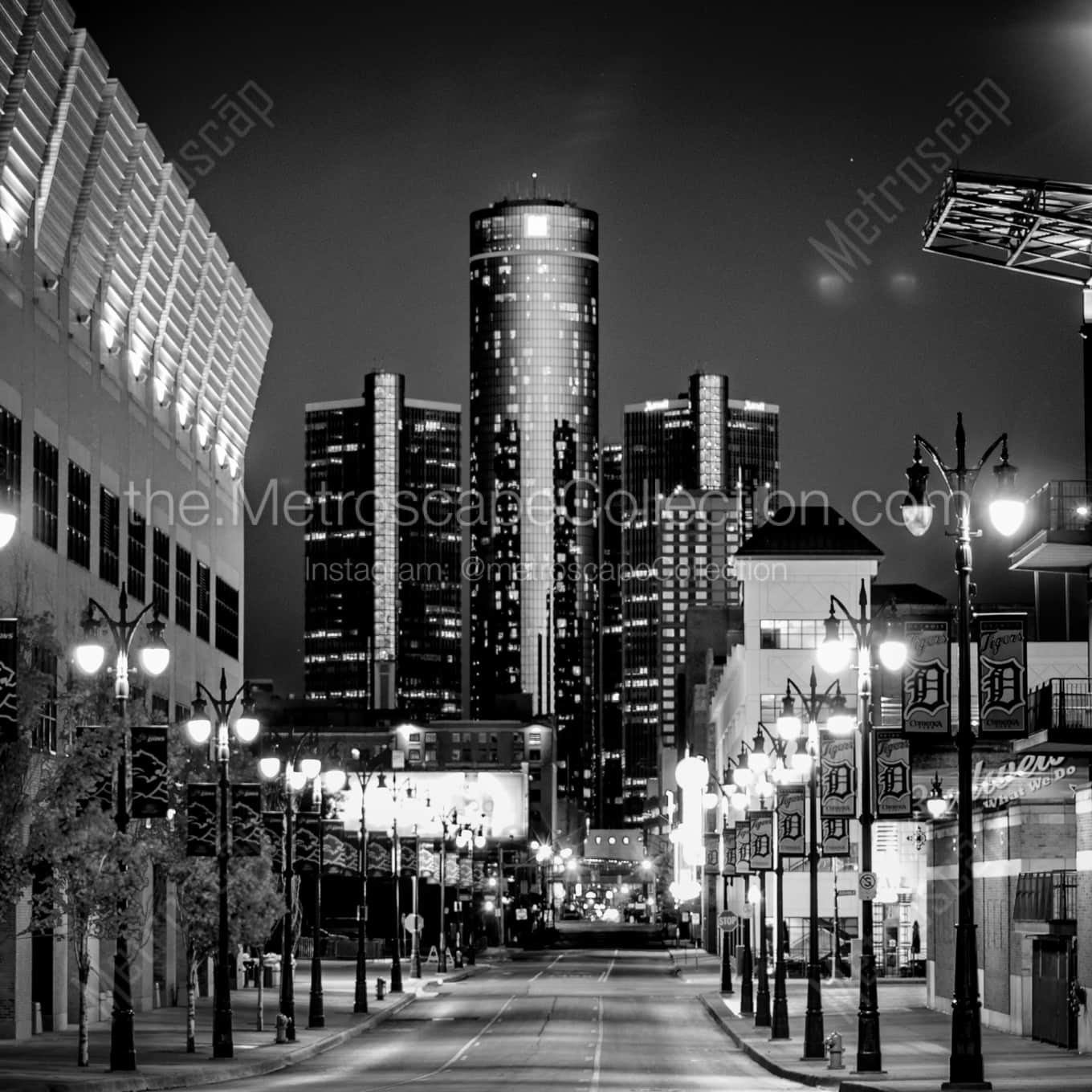 The GM Renaissance Center from Brush Street landscape black and white Photography The GM Renaissance Center from Brush Street landscape black and white Photography square crop