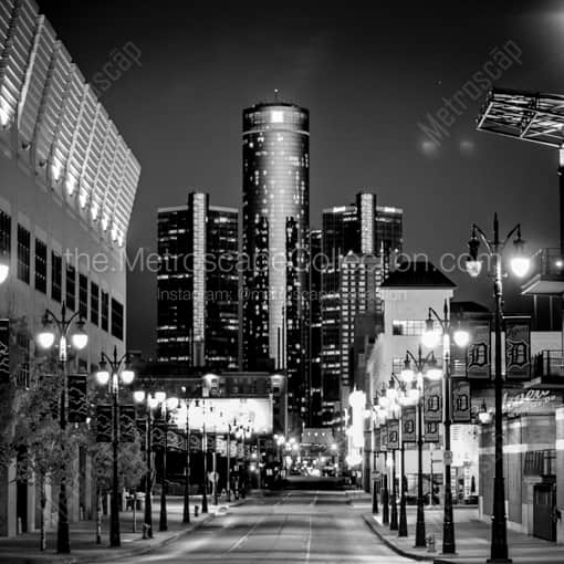 Matte Black WOOD Framed Black and White Detroit Photograph: The GM Renaissance Center from Brush Street in a Square Matte Black Wood Frame