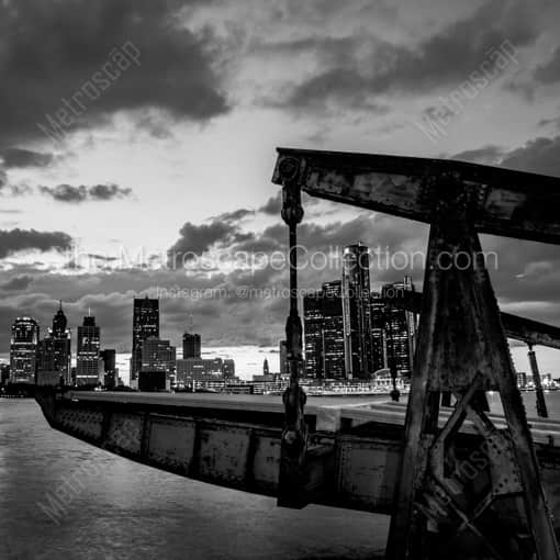 Matte Black WOOD Framed Black and White Detroit Photograph: A Boat Dock on the Detroit River in a Square Matte Black Wood Frame