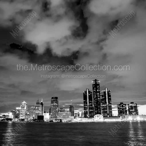 Matte Black WOOD Framed Black and White Detroit Photograph: Detroit Michigan Skyline from Windsor Ontario Canada in a Square Matte Black Wood Frame