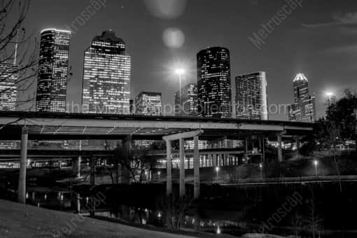 The Houston Skyline over Buffalo Bayou -- Houston Black and White Photography