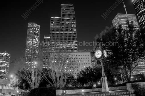 Downtown Houston and Sweeney Clock -- Houston Black and White Photography