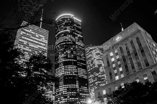 Houston Black and White Photography of The Shell Building and City Hall at Night The Shell Building and City Hall at Night -- Houston Black and White Photography