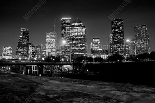 The Houston Skyline from Buffalo Bayou -- Houston Black and White Photography
