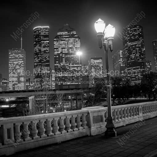 Matte Black WOOD Framed Black and White Houston Photograph: An Illuminated Street Lamp on the Sabine Bridge in a Square Matte Black Wood Frame