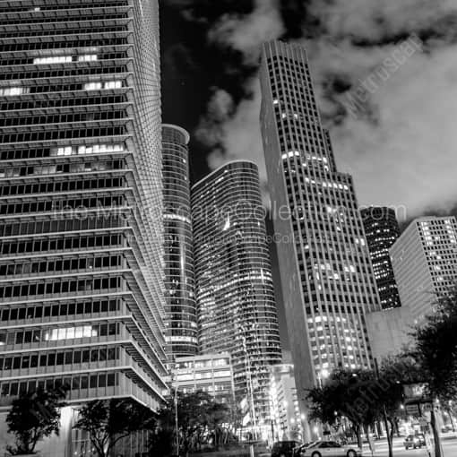 Matte Black WOOD Framed Black and White Houston Photograph: Downtown Houston Buildings at Night in a Square Matte Black Wood Frame