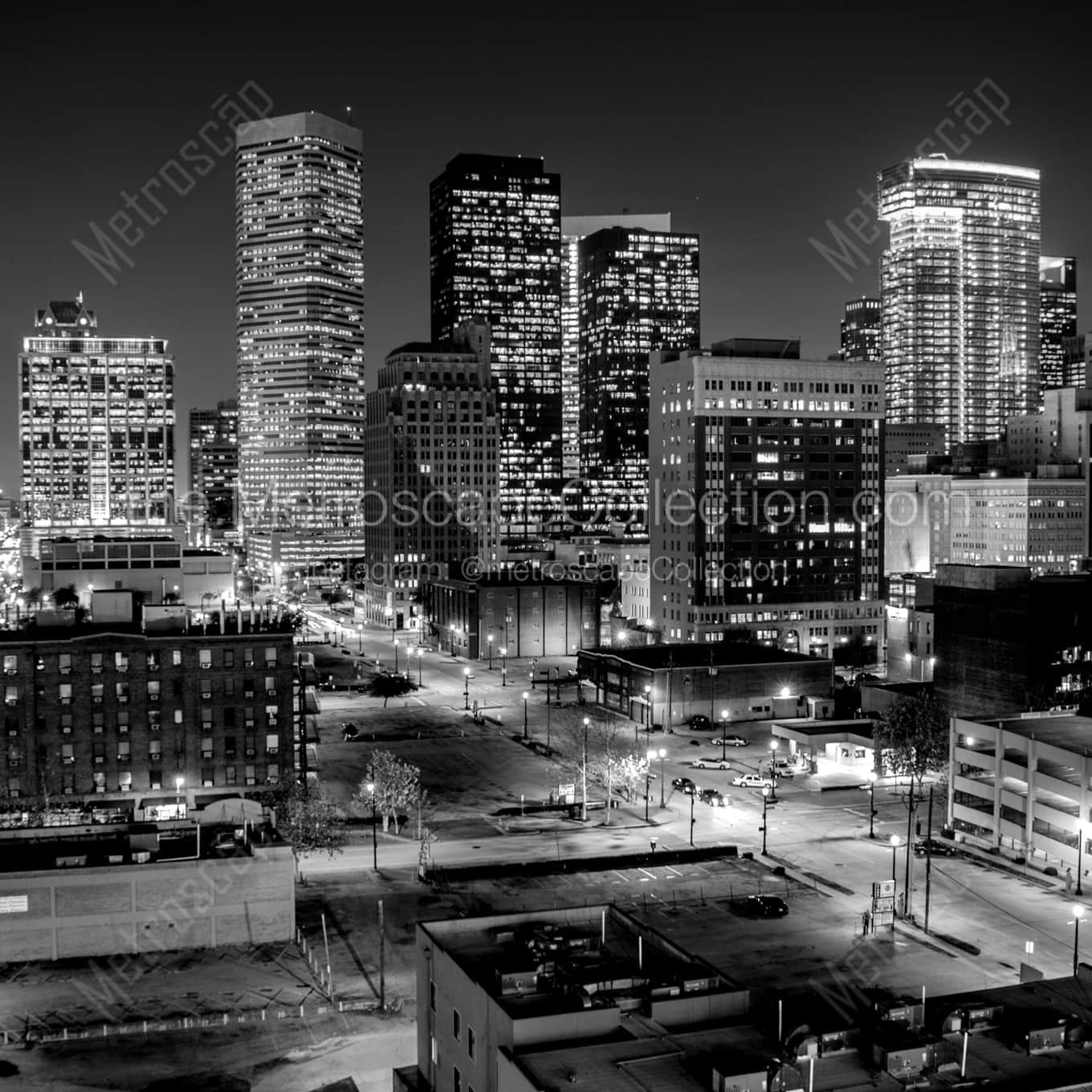 Downtown Houston at Night landscape black and white Photography Downtown Houston at Night landscape black and white Photography square crop