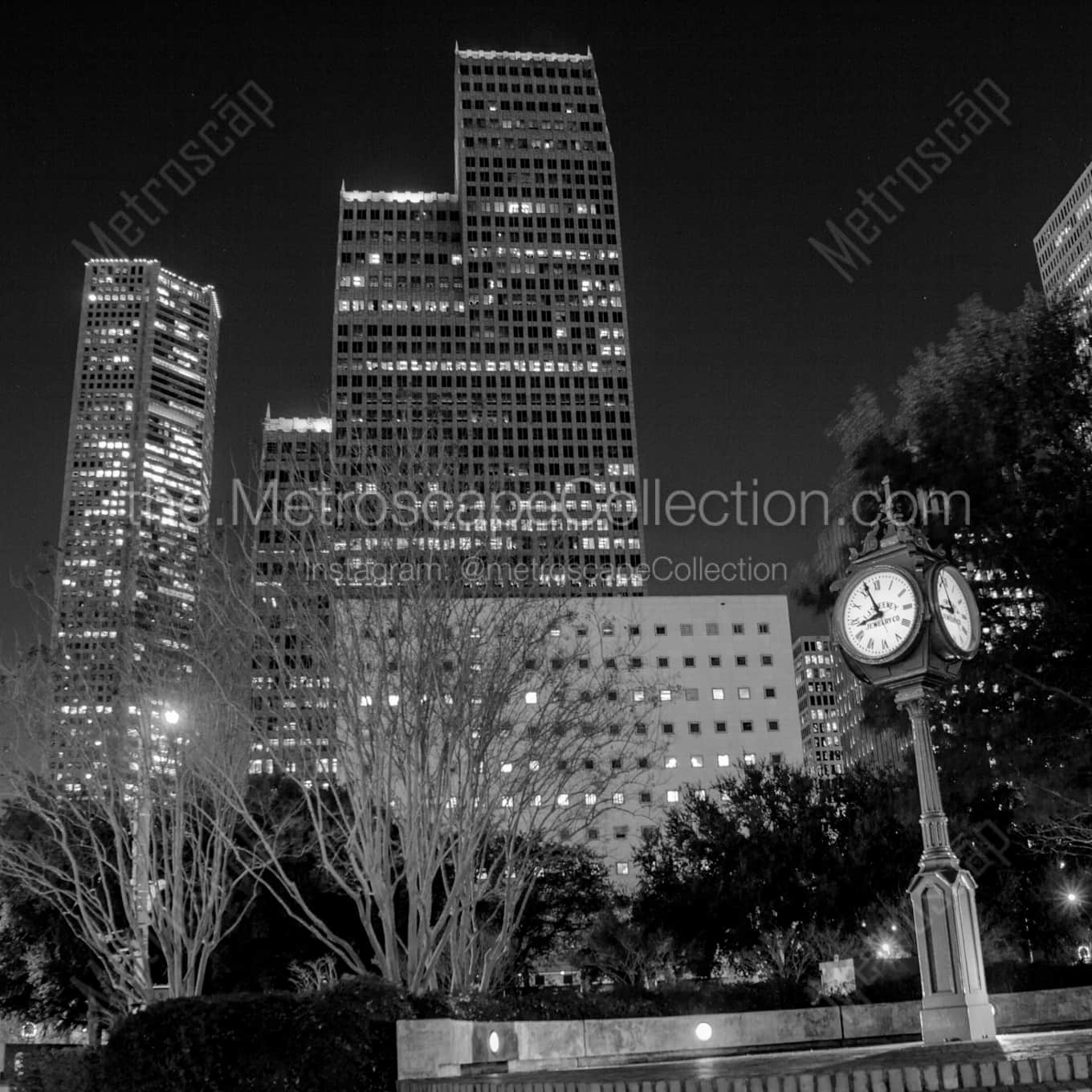 Downtown Houston and Sweeney Clock landscape black and white Photography square crop
