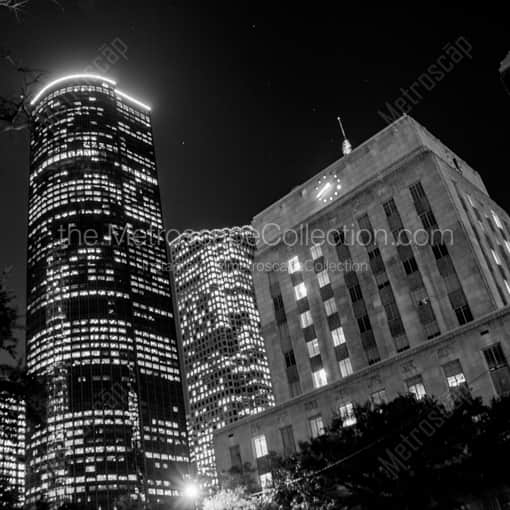 Matte Black WOOD Framed Black and White Houston Photograph: The Shell Building and City Hall at Night in a Square Matte Black Wood Frame
