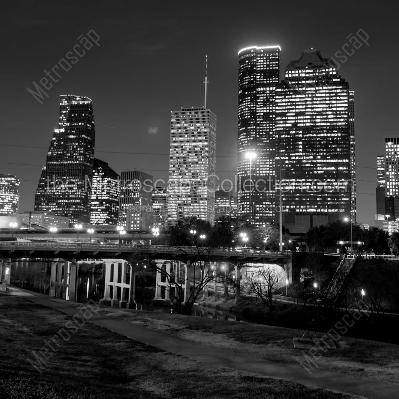 The Houston Skyline from Buffalo Bayou landscape black and white Photography square crop