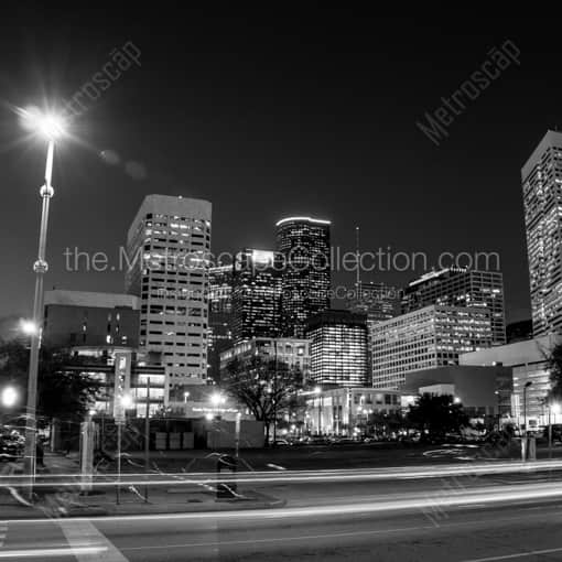 Matte Black WOOD Framed Black and White Houston Photograph: The Houston Skyline from Clay and La Branch in a Square Matte Black Wood Frame