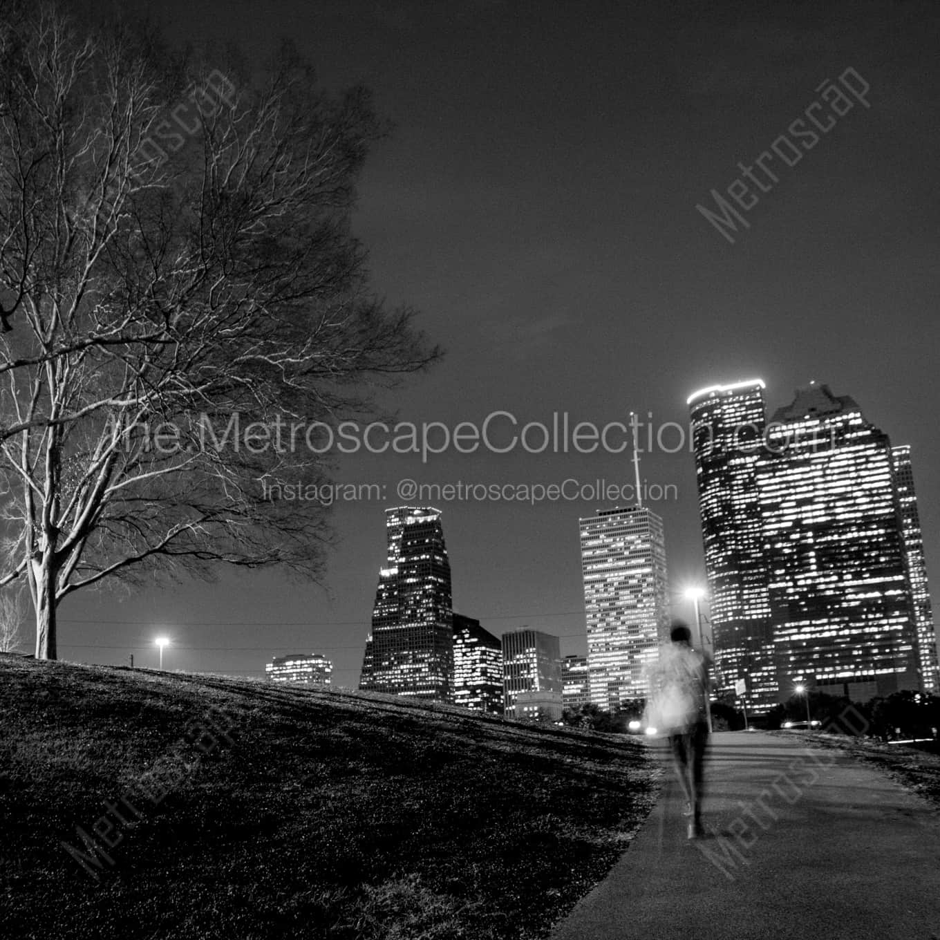 The Houston Cityscape from Buffalo Bayou landscape black and white Photography square crop
