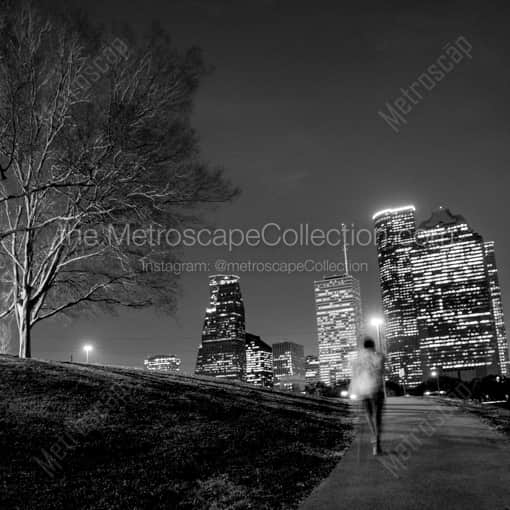 Matte Black WOOD Framed Black and White Houston Photograph: The Houston Cityscape from Buffalo Bayou in a Square Matte Black Wood Frame