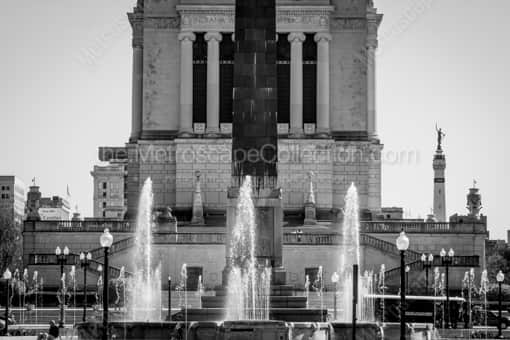 Indianapolis Black and White Photography of The Obelisk Fountains and Indiana War Memorial The Obelisk Fountains and Indiana War Memorial -- Indianapolis Black and White Photography