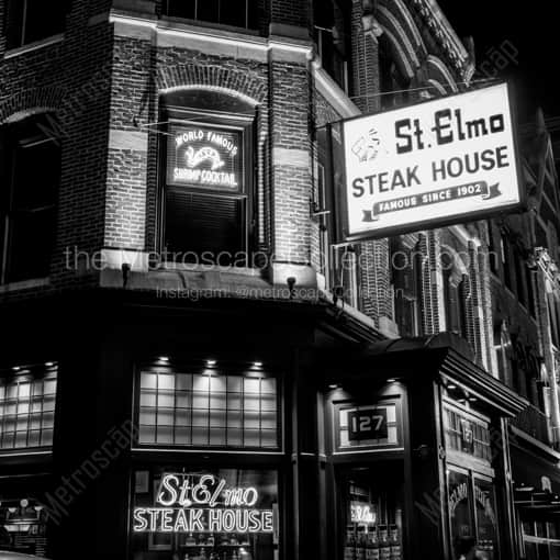 Matte Black WOOD Framed Black and White Indianapolis Photograph: St. Elmo Steak House in a Square Matte Black Wood Frame