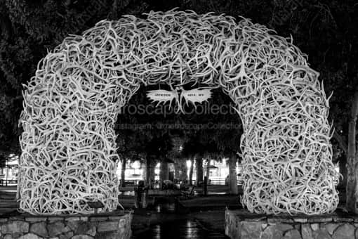 The Elk Antler Arch at Night -- Jackson Hole Black and White Photography