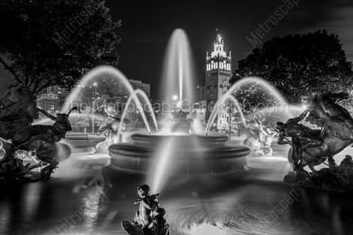 The JC Nichols Fountain at Night -- Kansas City Black and White Photos