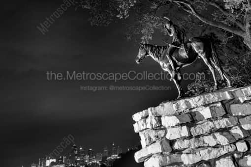 Kansas City Black and White Photography of The Sioux Scout Statue Overlooking Kansas City The Sioux Scout Statue Overlooking Kansas City -- Kansas City Black and White Photography