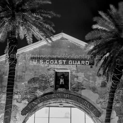 Matte Black WOOD Framed Black and White Key West Photograph: Clinton Square Market at Night in a Square Matte Black Wood Frame