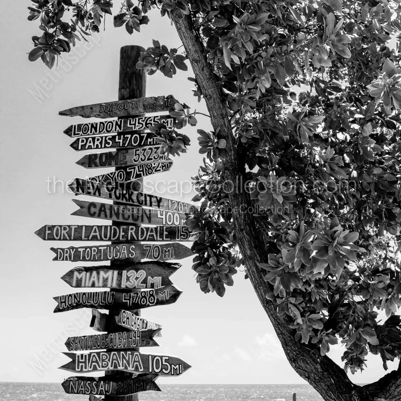 A Key West Mileage Signpost to Other Cities landscape black and white Photography square crop