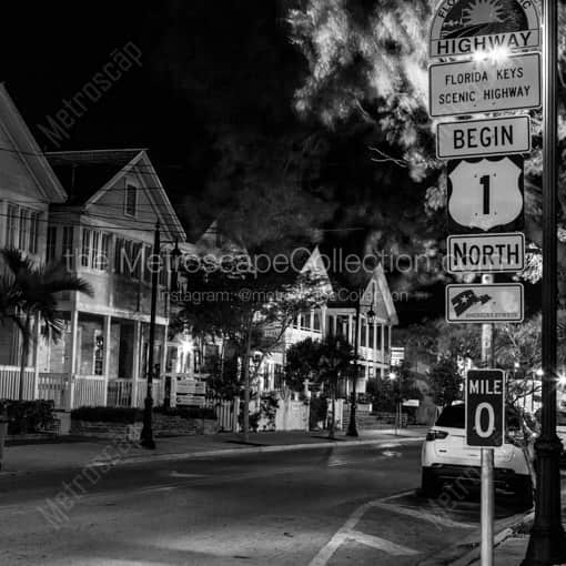Matte Black WOOD Framed Black and White Key West Photograph: US Route 1 Mile Marker Zero in a Square Matte Black Wood Frame