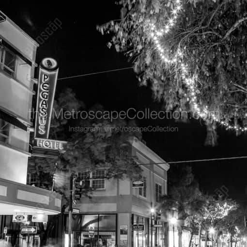 Matte Black WOOD Framed Black and White Key West Photograph: The Pegasus Hotel at Night in a Square Matte Black Wood Frame
