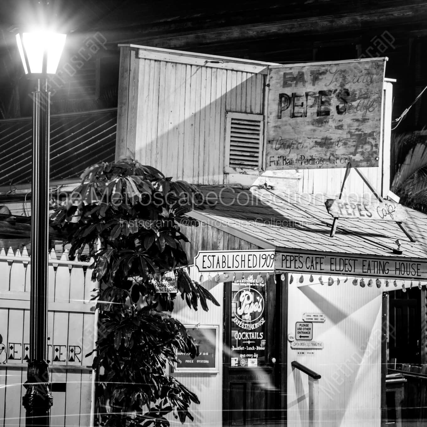 Pepes Cafe Eldest Eating House in Florida Keys at Night landscape black and white Photography square crop