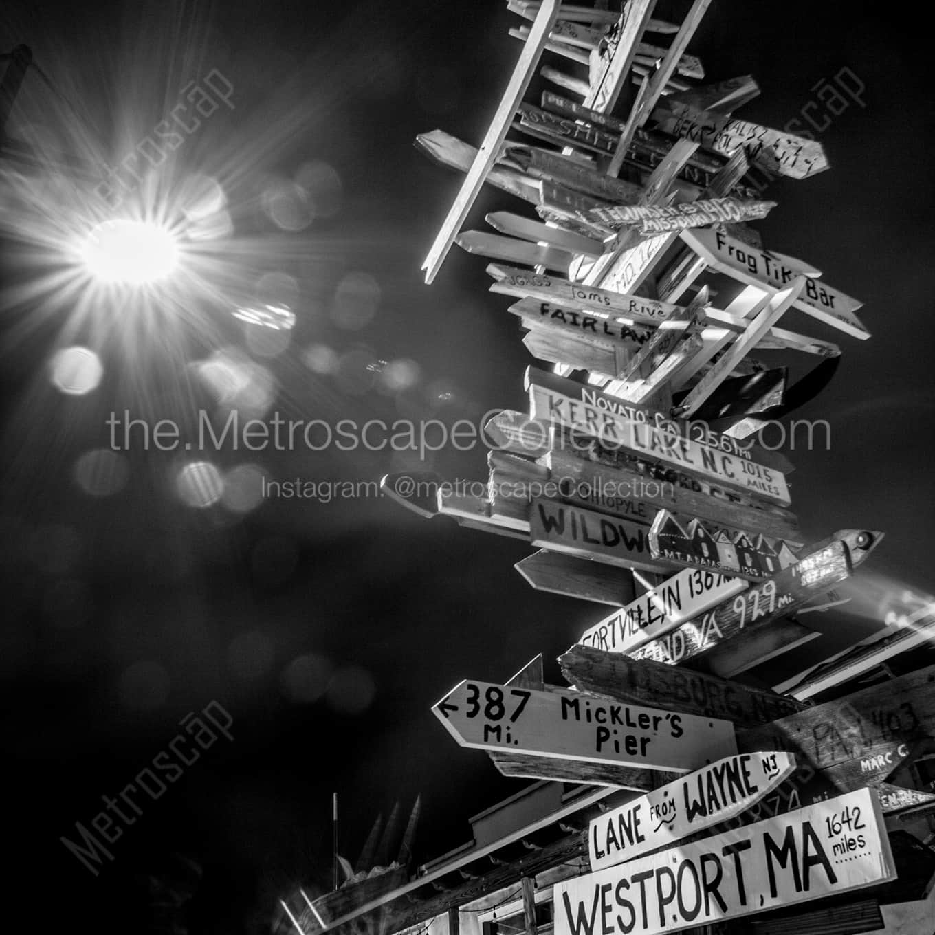 Mileage Sign Post at Night landscape black and white Photography Mileage Sign Post at Night landscape black and white Photography square crop