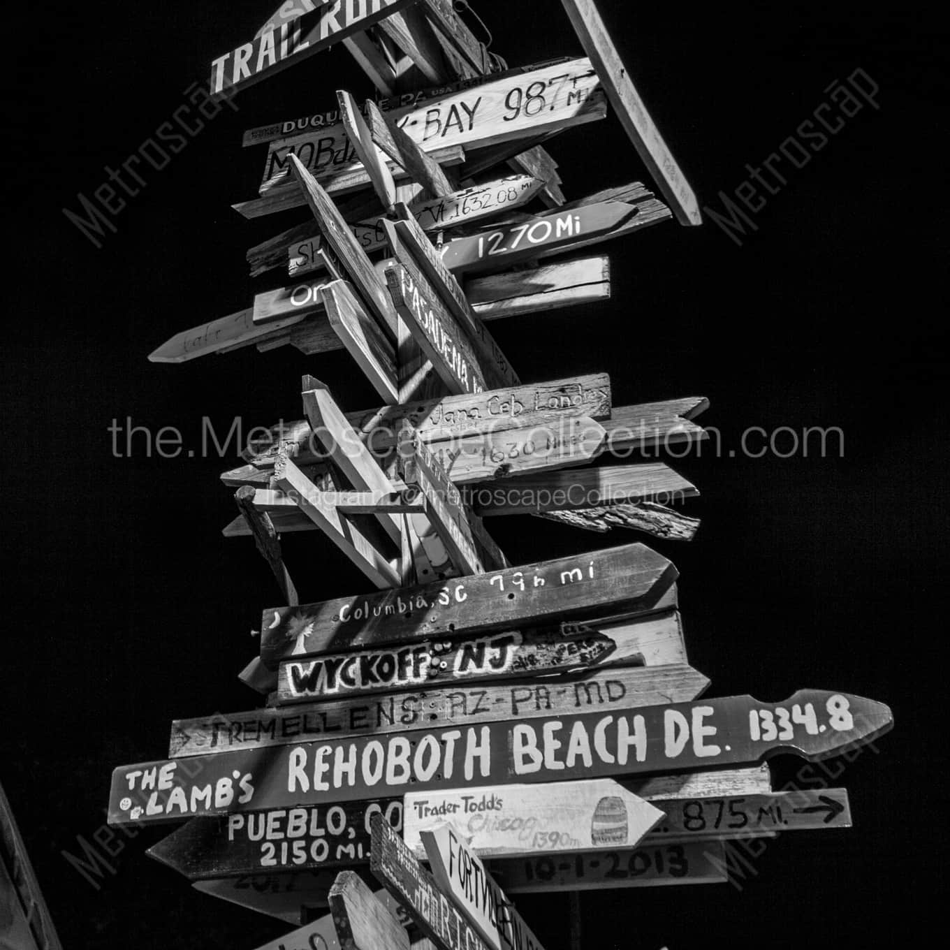 A Key West Mileage Sign Post at Night landscape black and white Photography A Key West Mileage Sign Post at Night landscape black and white Photography square crop