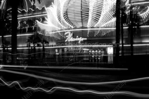 Las Vegas Black and White Photography of The Flamingo Hotel and Casino Sign with Traffic The Flamingo Hotel and Casino Sign with Traffic -- Las Vegas Black and White Photography