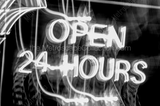 Open 24 Hours Neon Sign -- Las Vegas Black and White Photos