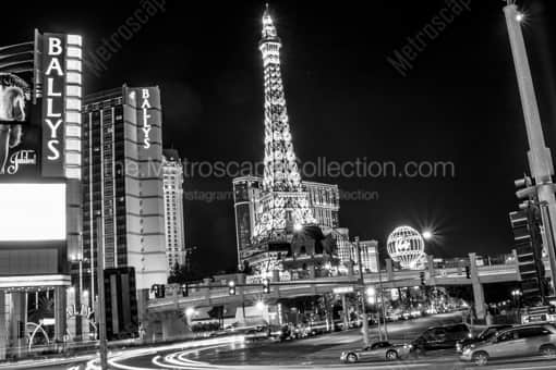 Las Vegas Black and White Photography of Paris Hotel and Casino and Ballys Casino from Flamingo Road Paris Hotel and Casino and Ballys Casino from Flamingo Road -- Las Vegas Black and White Photography