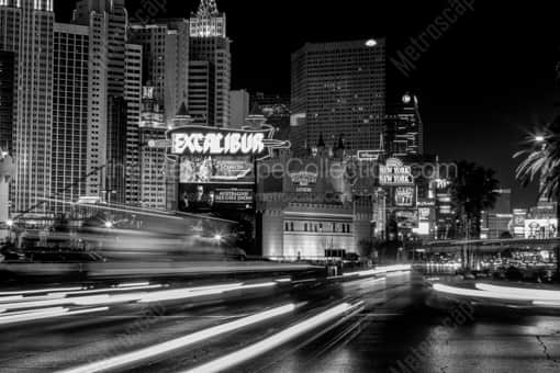 Las Vegas Black and White Photography of Looking North up the Las Vegas Strip at Excalibur Looking North up the Las Vegas Strip at Excalibur -- Las Vegas Black and White Photography