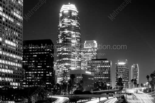 Downtown LA at Night from Fourth Street -- Los Angeles Black and White Photography