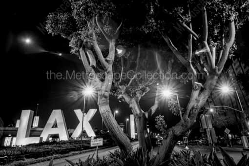 LAX Sign at Night -- Los Angeles Black and White Photography