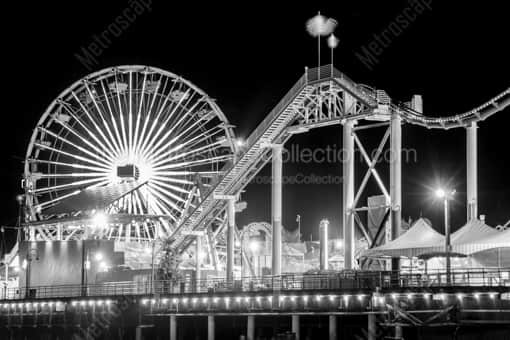Los Angeles Black and White Photography of The Ferris Wheel and Roller Coaster at Pac Park The Ferris Wheel and Roller Coaster at Pac Park -- Los Angeles Black and White Photography