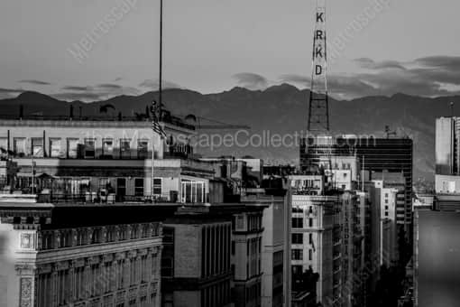 Los Angeles Black and White Photography of The San Gabriel Mountains Behind the KRKD Tower in Downtown Los Angeles The San Gabriel Mountains Behind the KRKD Tower in Downtown Los Angeles -- Los Angeles Black and White Photography