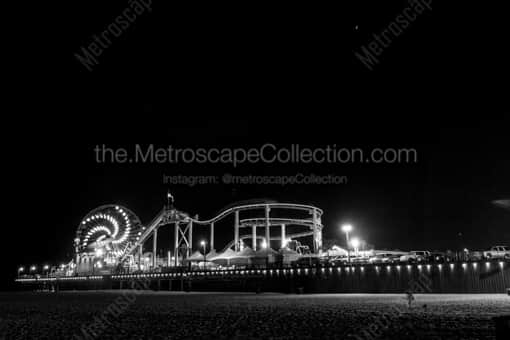 Los Angeles Black and White Photography of The Santa Monica Pier Ferris Wheel at Night. The Santa Monica Pier Ferris Wheel at Night. -- Los Angeles Black and White Photography