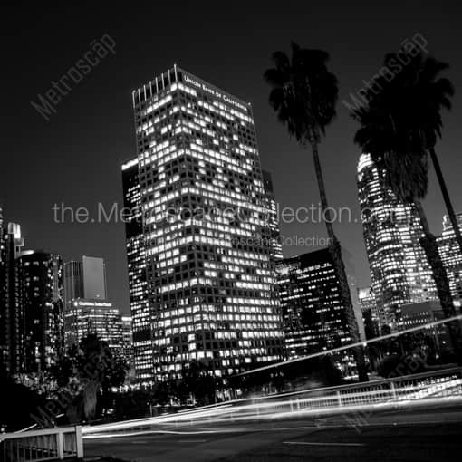 Matte Black WOOD Framed Black and White Los Angeles Photograph: Downtown Los Angeles from Fourth Street at Night in a Square Matte Black Wood Frame